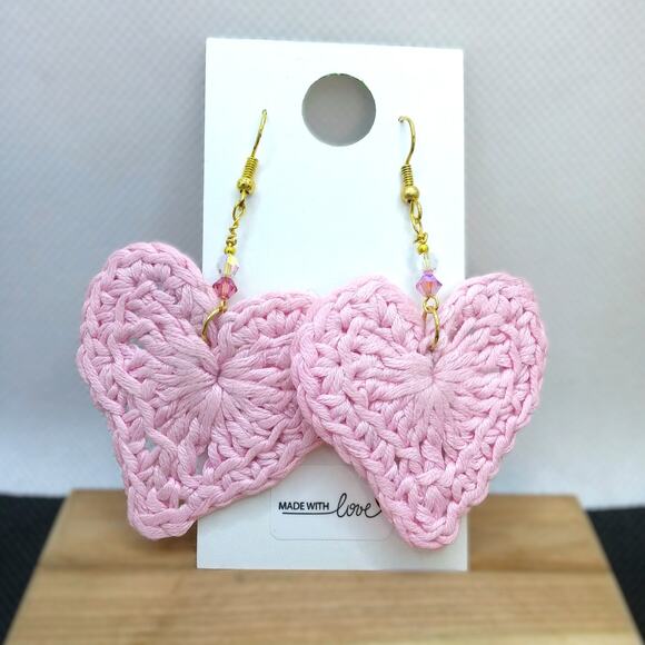 Handmade Crochet Heart Earrings Pink Statement Dangle Swarovski Crystals NEW - Picture 3 of 8